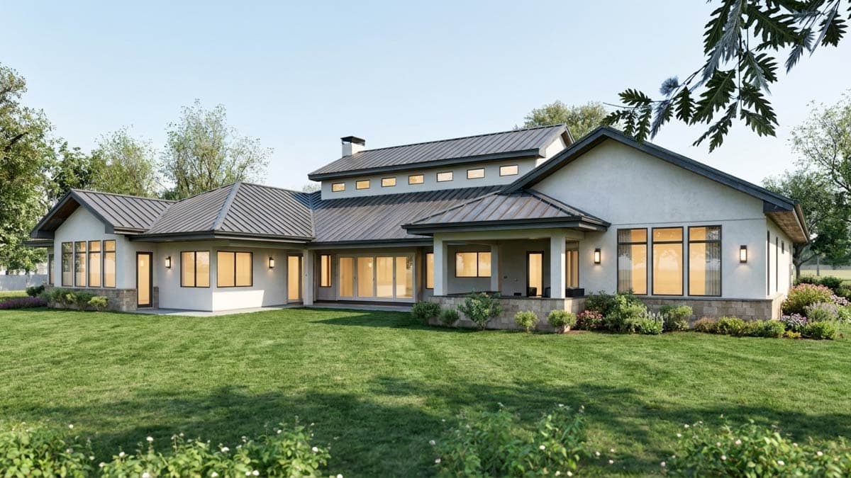 House plan exterior: Ranch style with stucco, stone base, metal roof, and large corner windows.