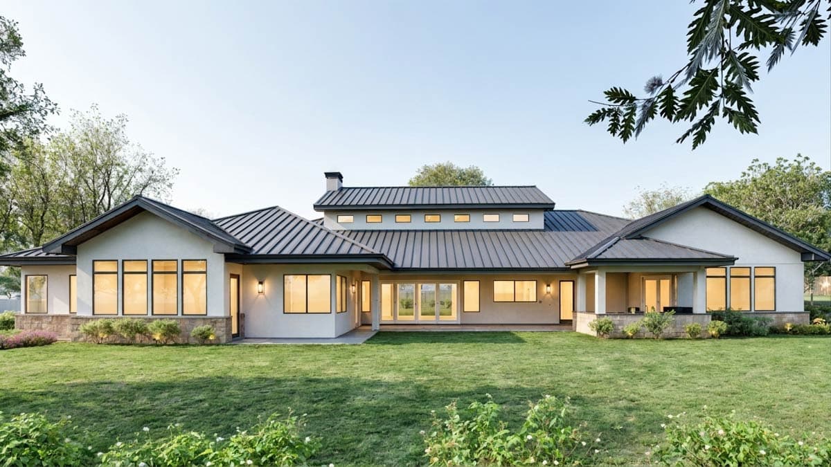 House plan exterior: one-story modern home with a dark metal roof, white stucco, stone accents, and a three-car garage.