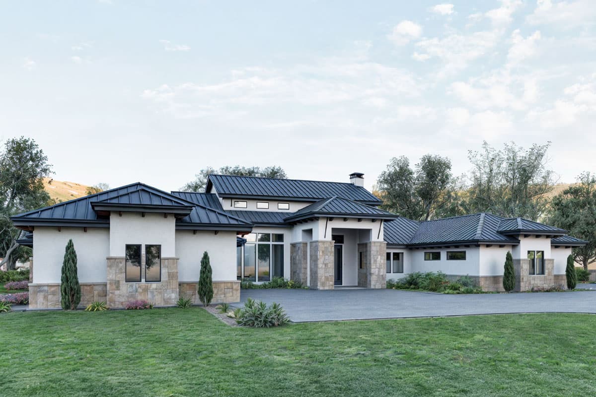 Modern house plan exterior with multiple intersecting gables, stone accents, and a prominent covered entryway with stone pillars.
