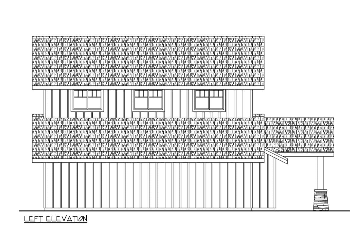 Left elevation house plan drawing showing a two-story structure with vertical siding, multiple windows, and a covered porch with a stone support.