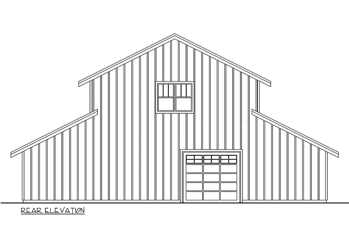 Rear elevation drawing of a house plan with vertical siding, gable roof, a window, and a garage door.