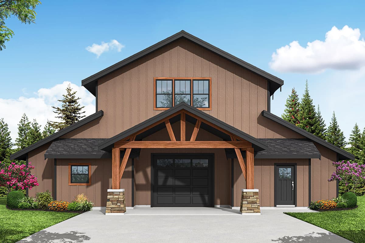 House plan exterior. Two-story Modern Farmhouse with gabled roof, timber-framed entry porch, and attached garage. Stone-clad support columns.