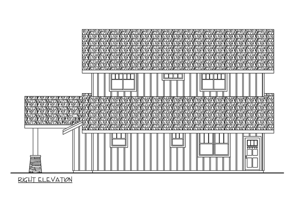 Right elevation of a two-story house plan with vertical siding, multiple windows, a covered porch, and a stone-clad support column.