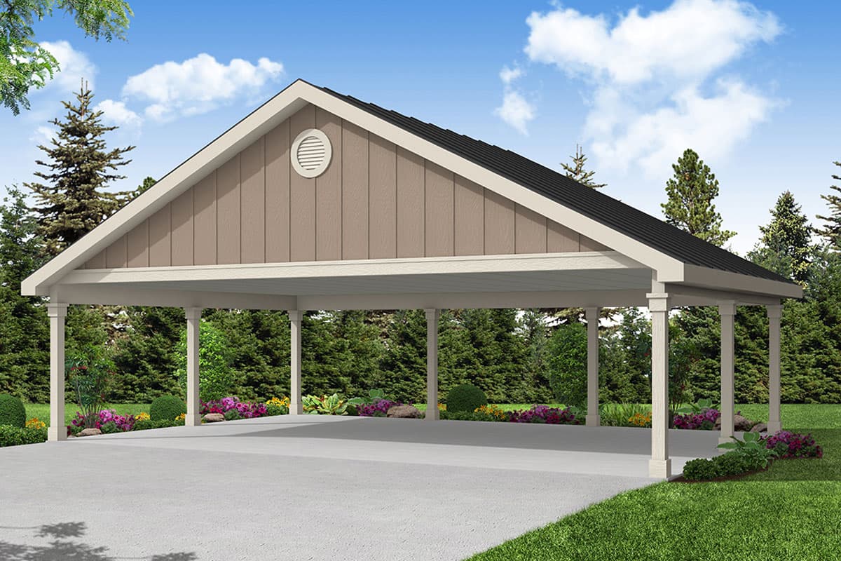 House plan exterior. Carport structure with gable roof, supported by columns. Features a decorative round vent in the gable end.