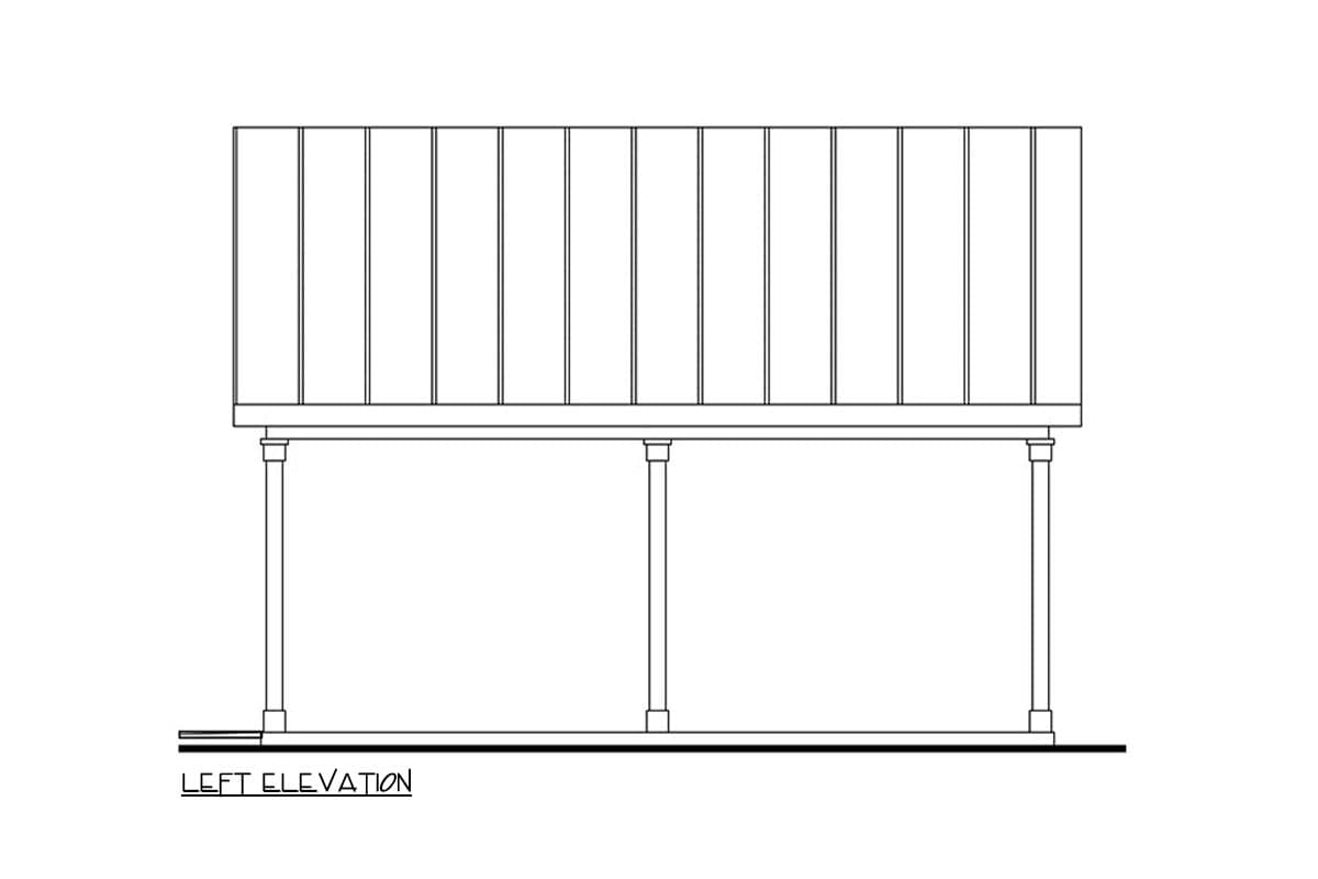 Left elevation drawing of a house plan showing a deck with vertical railing and support columns.