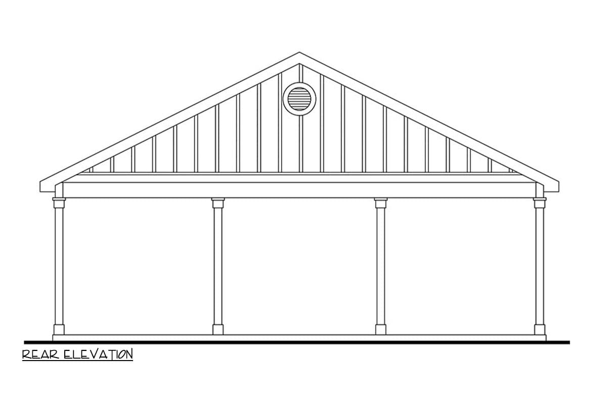 Rear elevation house plan showing a wide covered porch supported by columns and a gabled roof with a central round vent.