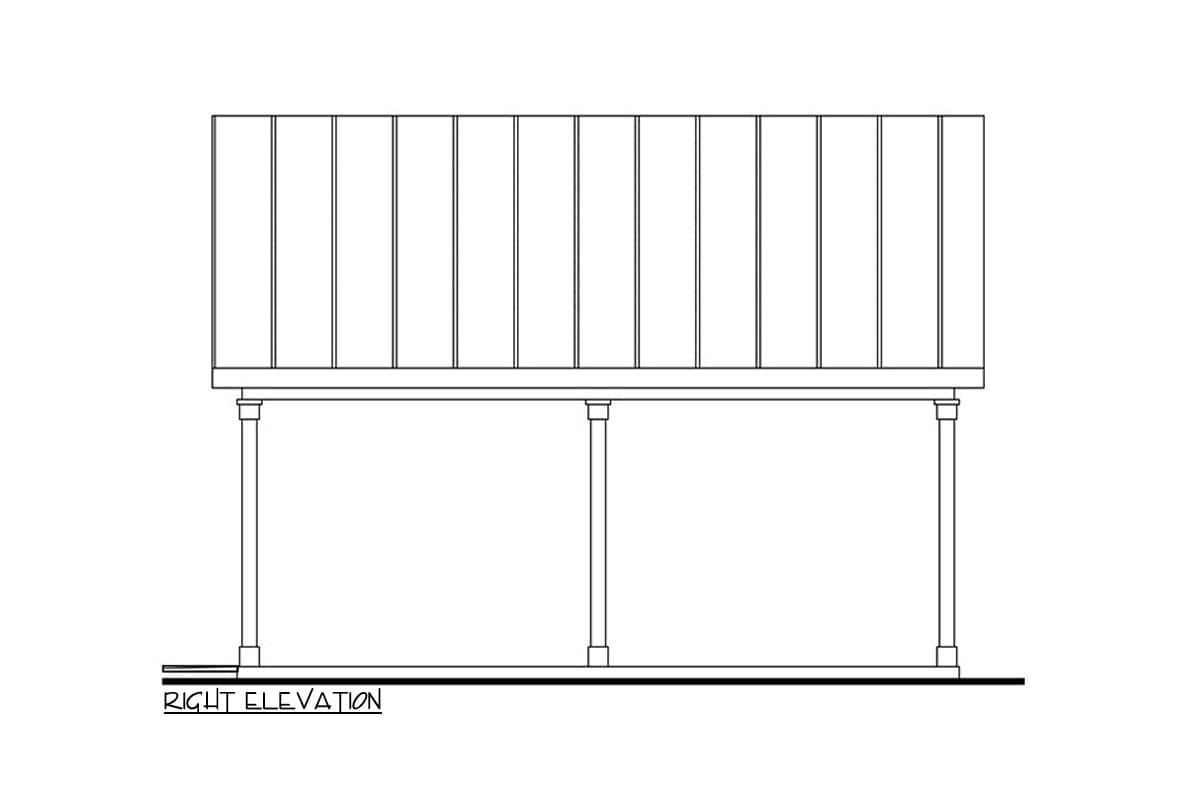 Right elevation drawing of a house plan showing a porch with columns and a vertical siding facade.