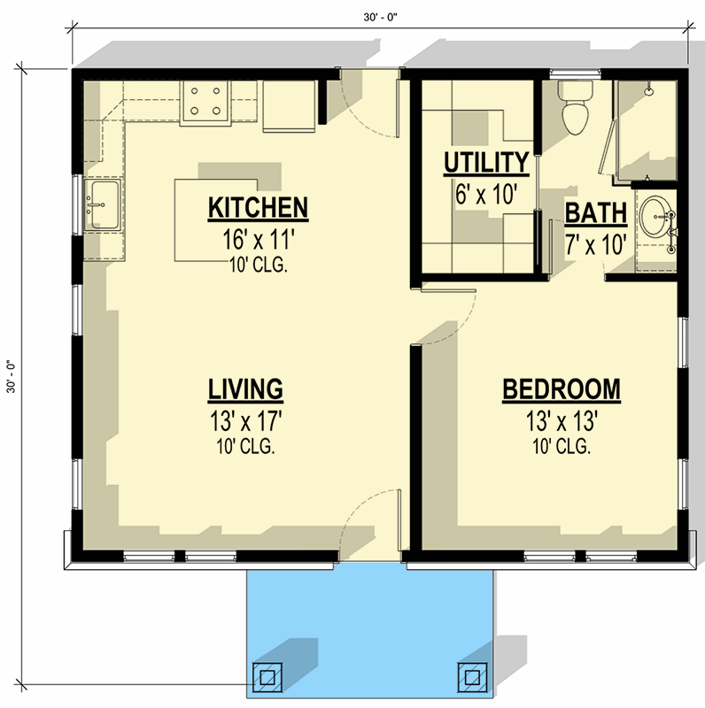Plan 307730RAD: 1-Bed Transitional Hill County ADU with Open Concept Living Area - 720 Sq Ft - Floor Plan - Main Level - Craftsman, Hill Country, Transitional