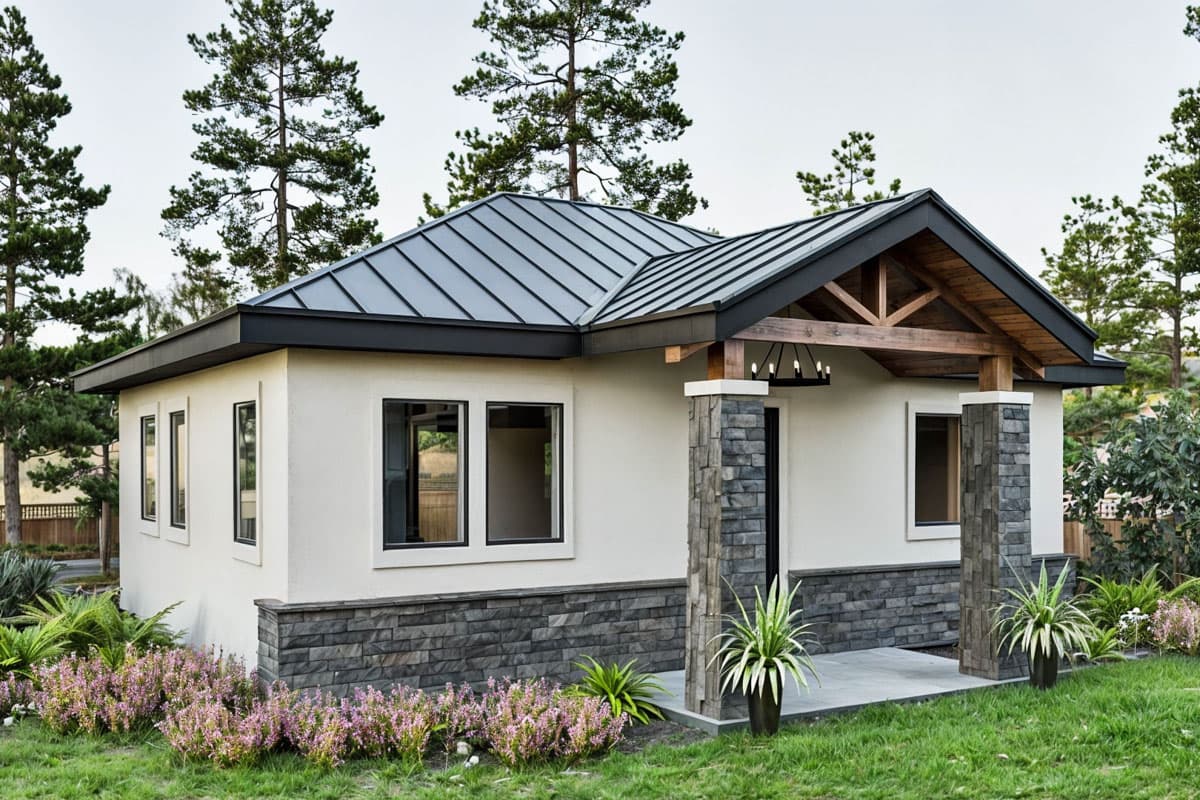 House plan exterior: Single-story modern design with stone accent base, metal roof, covered porch with stone pillars and exposed beams.