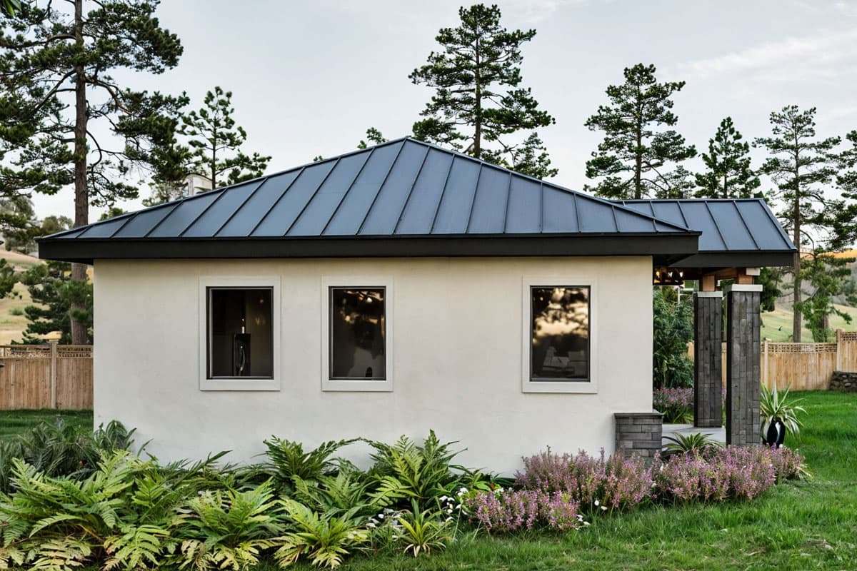 Modern one-story house plan exterior with a standing seam metal roof, stucco walls, and a covered entry with stone pillars.