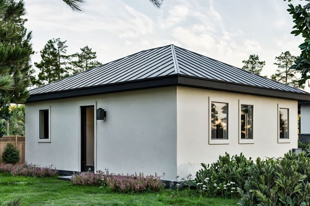 One-story modern house plan exterior with a standing seam metal roof, stucco siding, and minimalist window design.