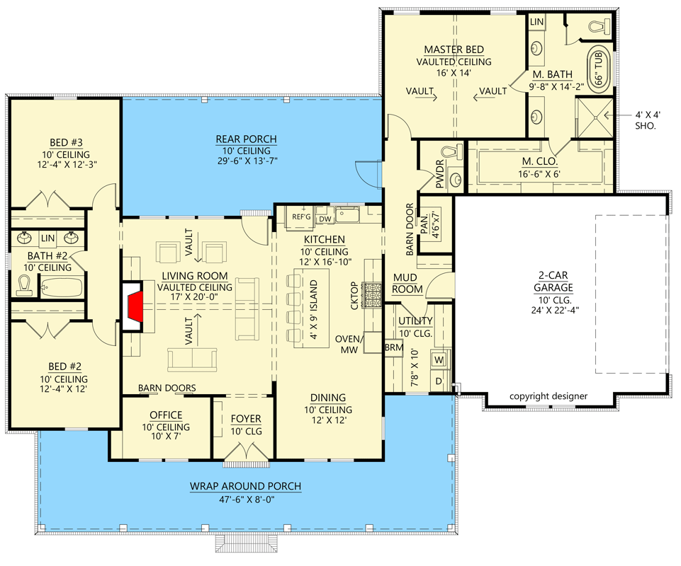Plan 56552SM: Modern Farmhouse with Home Office and Wrap Around Porch - 2101 Sq Ft - Floor Plan - Main Level - Country, Modern Farmhouse, New American