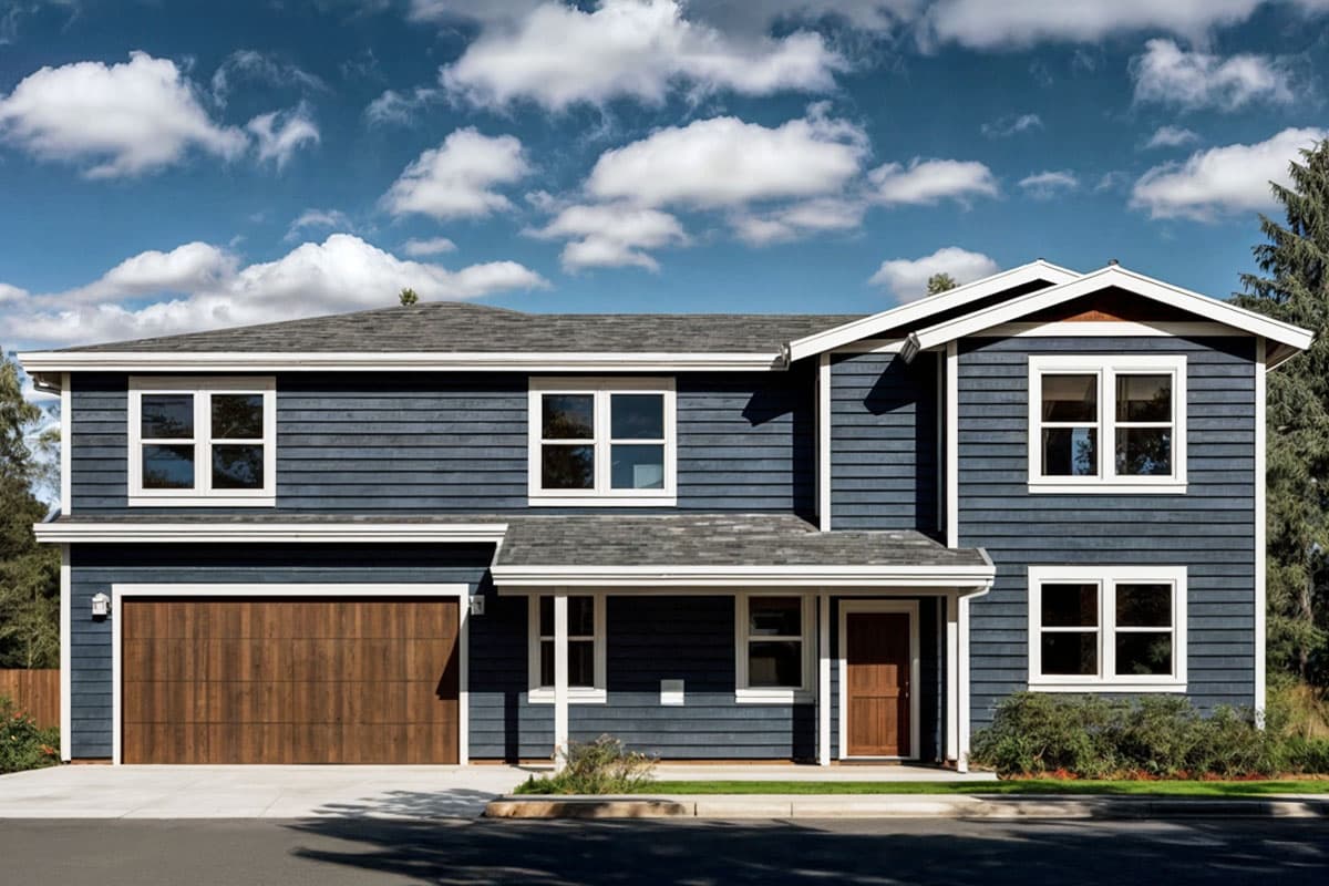 House plan exterior. Two-story home with Craftsman influence, featuring gabled rooflines, a covered porch, and a two-car garage.