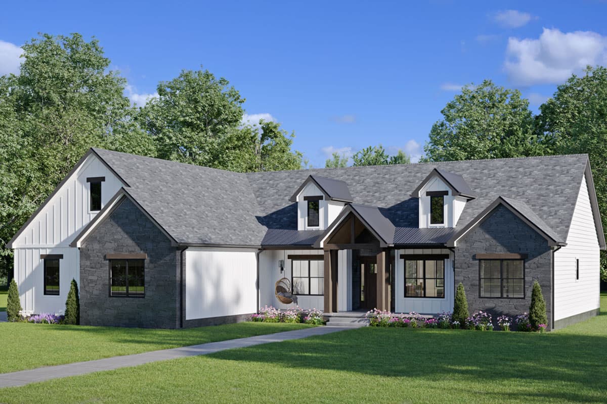 House plan exterior shows a Modern Farmhouse style home with stone and board-and-batten siding, dormers, and covered porch.