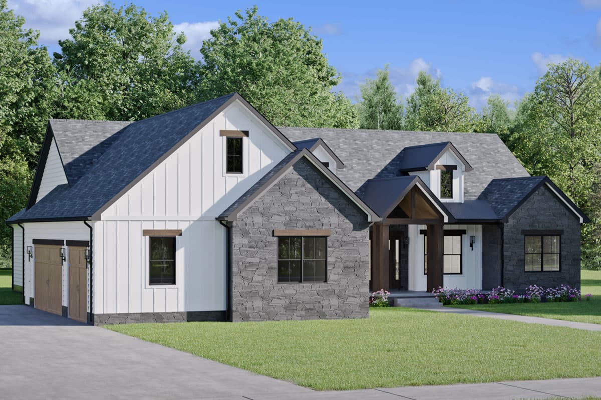 Modern Farmhouse house plan exterior with board and batten siding, stone accents, prominent gables, and a covered entry.