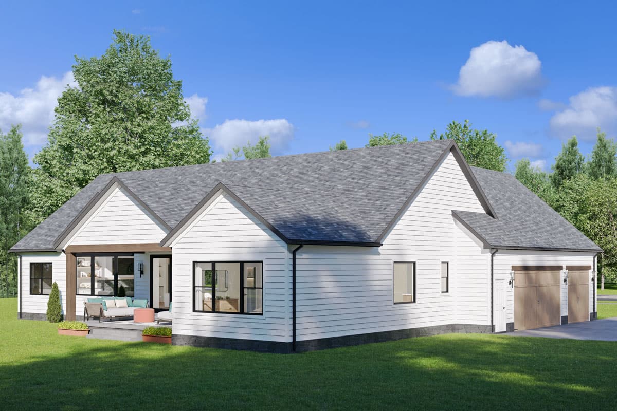 Modern Farmhouse house plan exterior, one story, with gabled roof, covered patio, and attached two-car garage.
