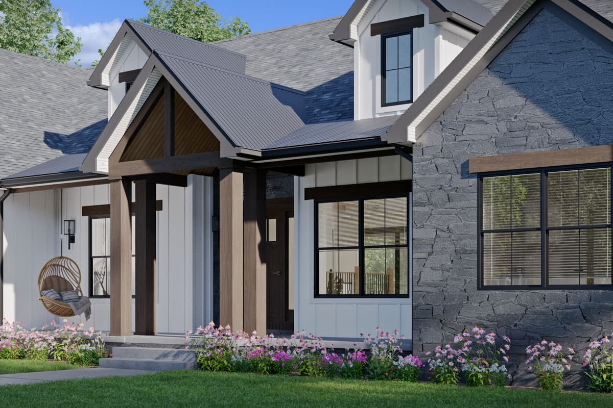 Modern Farmhouse house plan exterior with stone facade, gables, metal roof, and wood-accented covered porch.