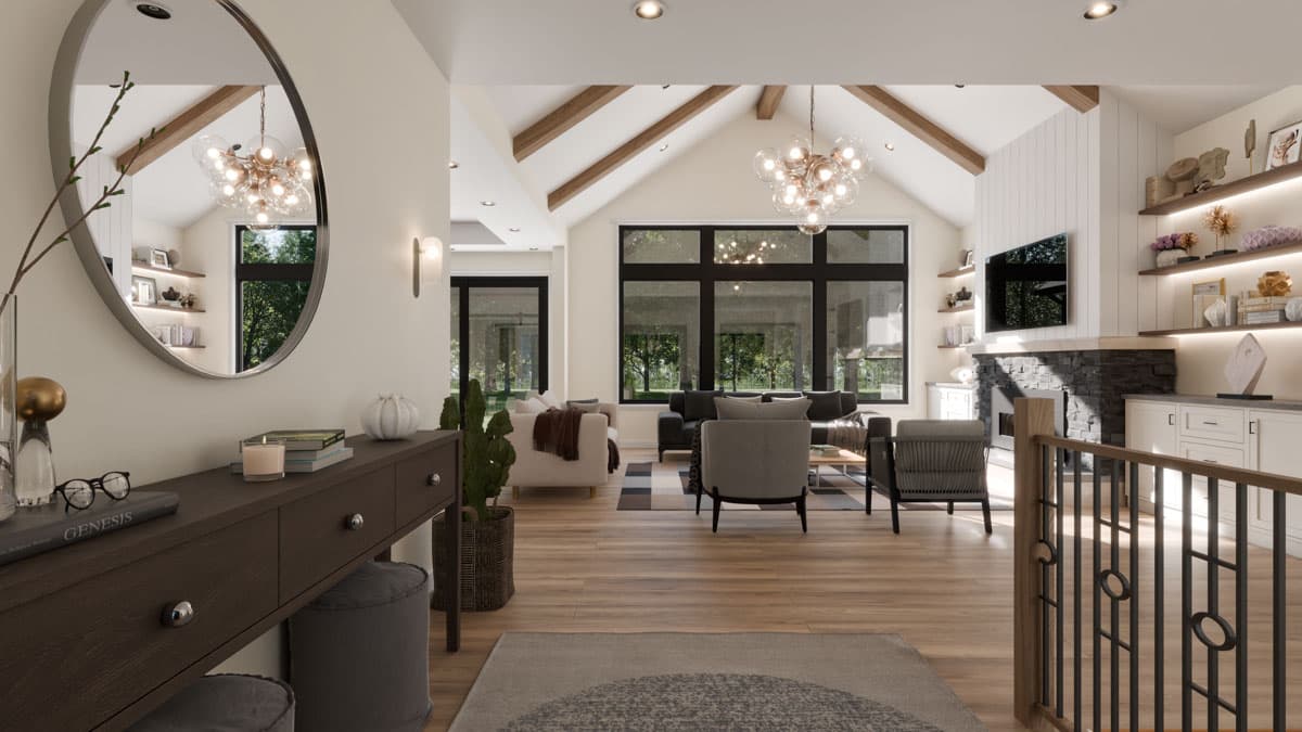 Interior rendering of living room with vaulted ceiling, exposed beams, stone fireplace, and large windows.