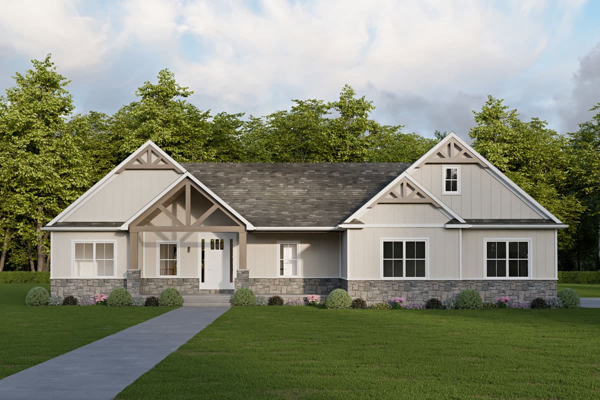 House plan exterior featuring a single-story design, front porch, multiple gables, and a stone facade on the lower portion.
