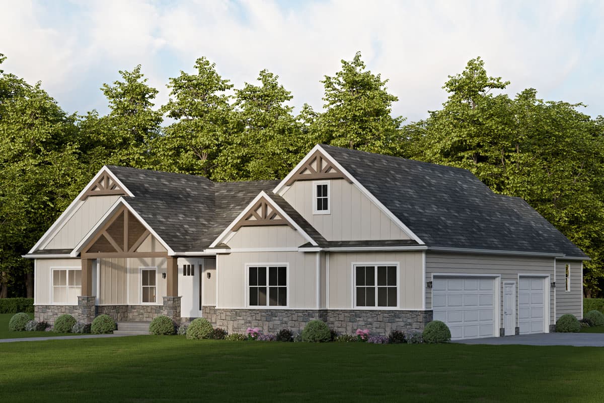 House plan exterior of a one-story Modern Farmhouse with stone skirting, prominent gables, exposed beams, and a three-car garage.
