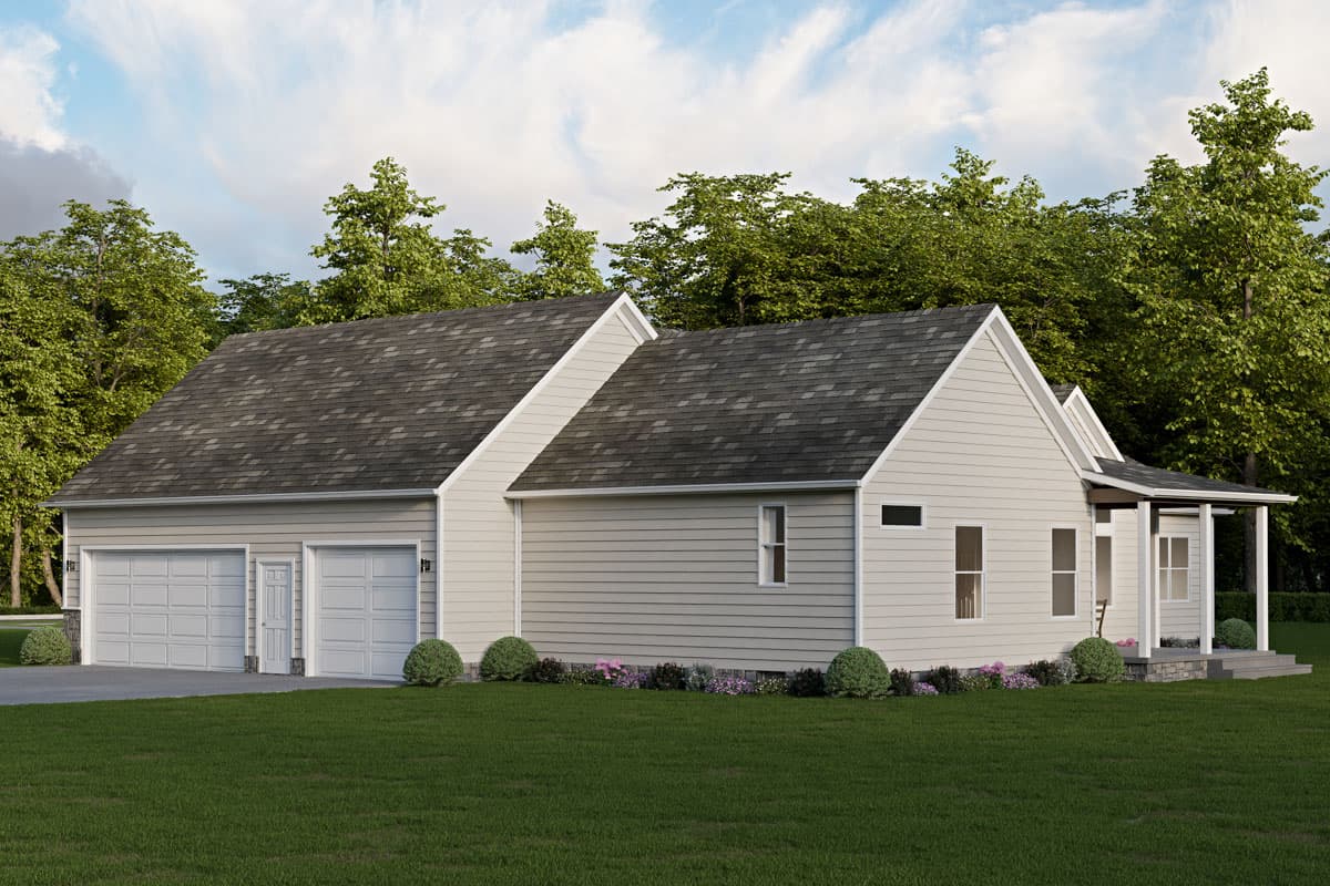 House plan exterior: Single-story Modern Farmhouse with a three-car garage, gable rooflines, and a covered front porch.
