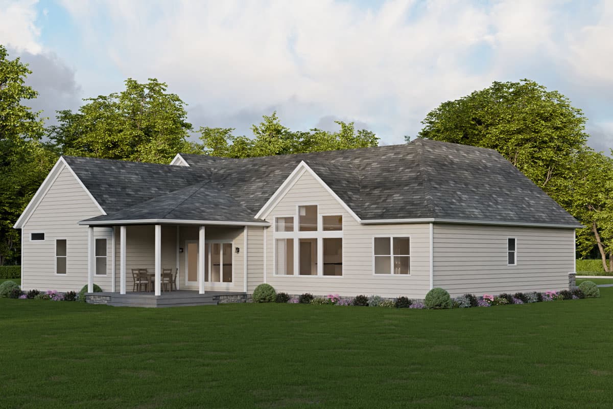 House plan exterior: Ranch style with a covered porch, prominent gables, and large window groupings.