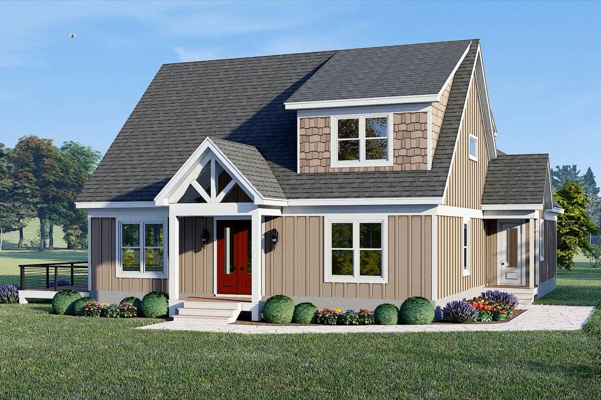 House plan exterior: Two-story home with a prominent gable roof, vertical siding, shingle accents, and a covered front porch with a red door.
