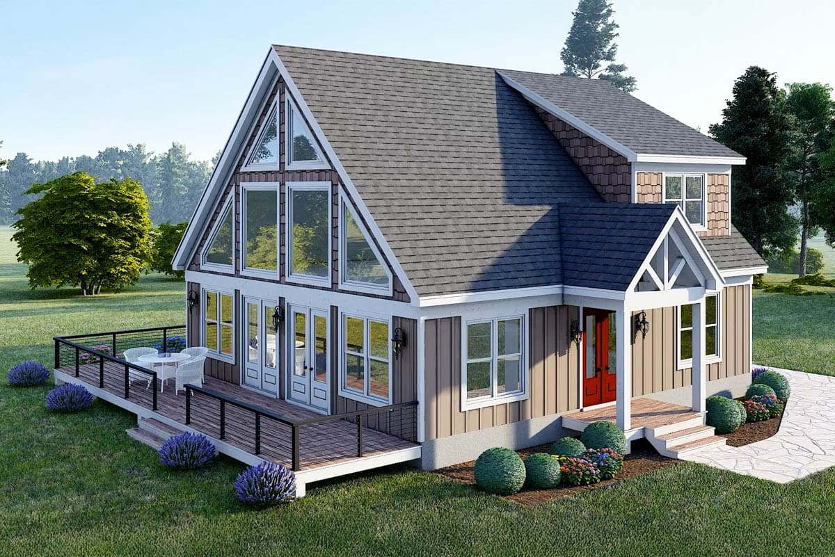 House plan exterior with gable roof, large triangular windows, covered porch with gabled roof, and wraparound deck.