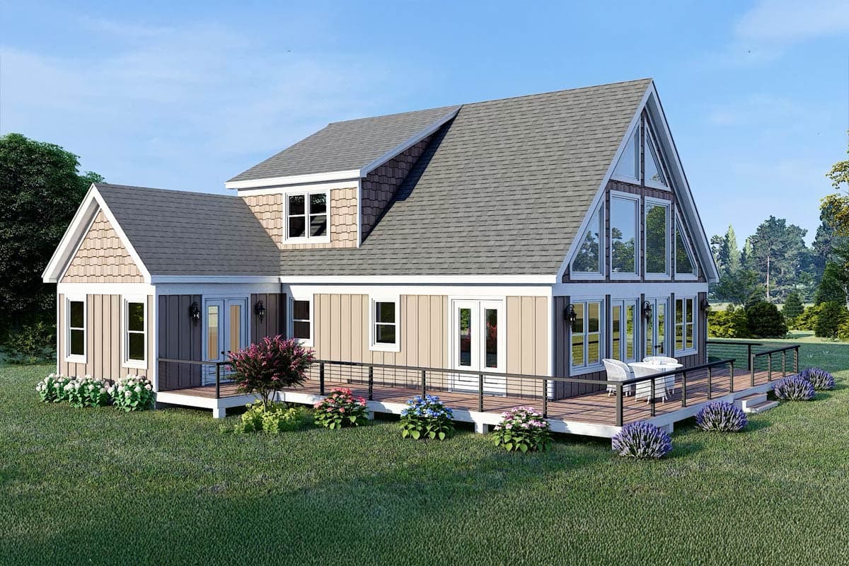 House plan exterior: Two-story home with a prominent gable end, large A-frame windows, dormer, and wrap-around deck.