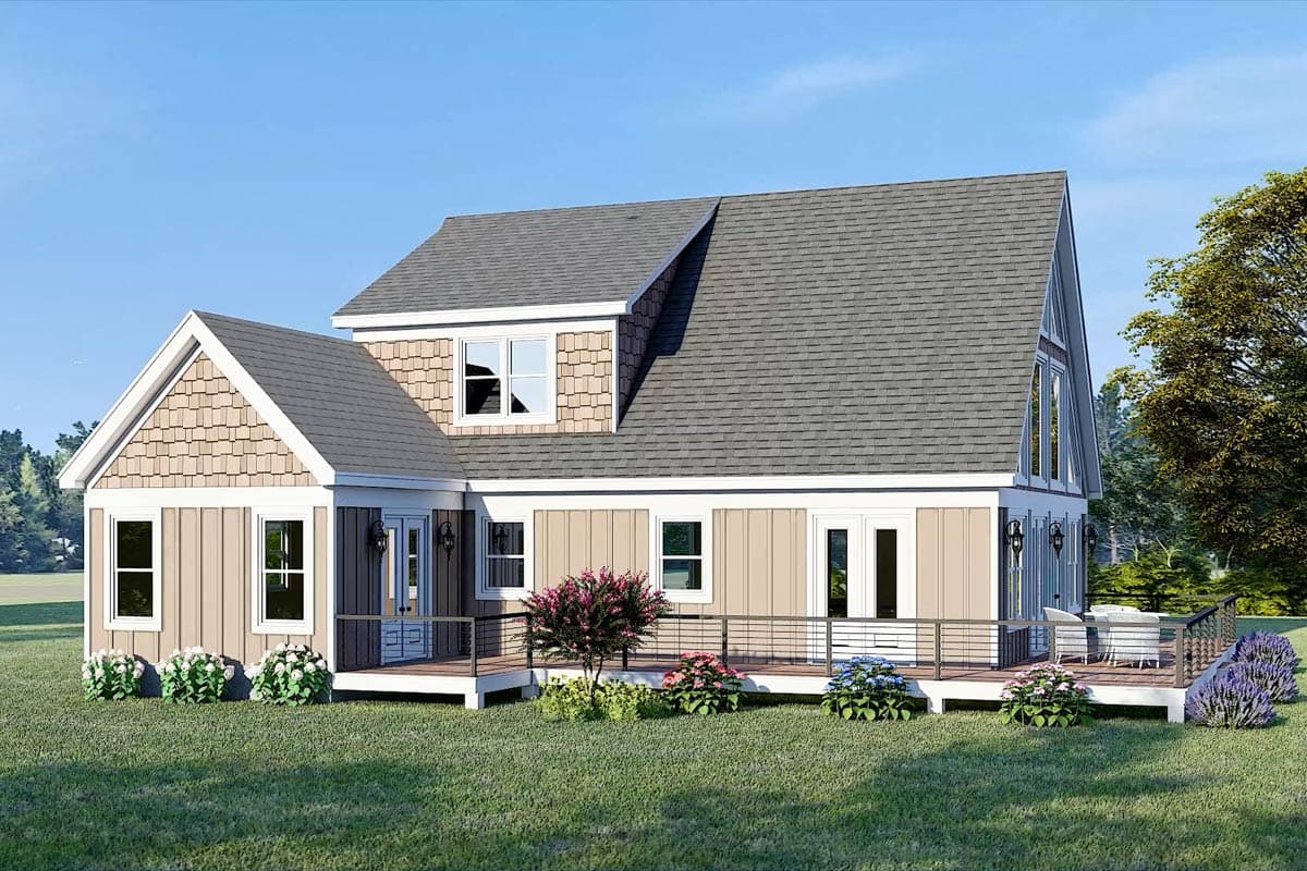 House plan exterior. Two-story design with a prominent gabled dormer, shingle and vertical siding, and a wrap-around deck.