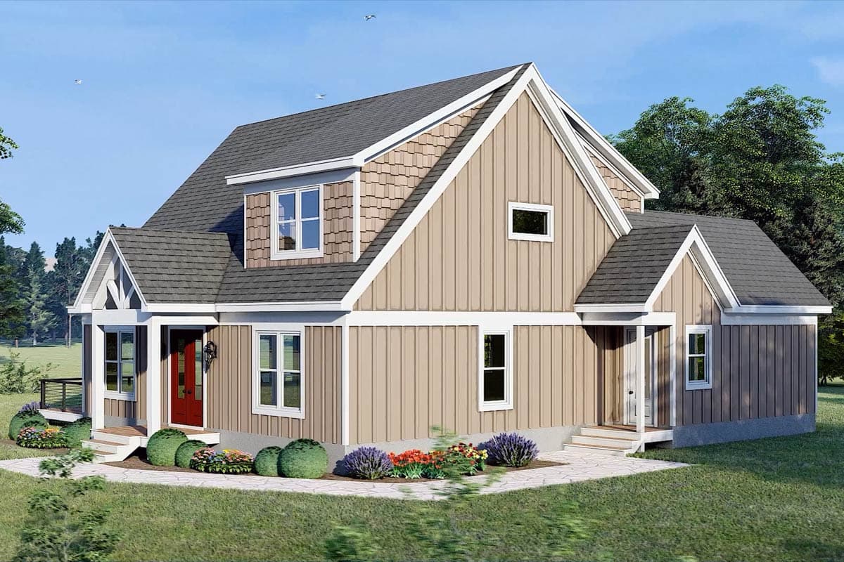 House plan exterior: Two-story design with a gable roof, dormer, and a front-facing porch with white railings and trim.