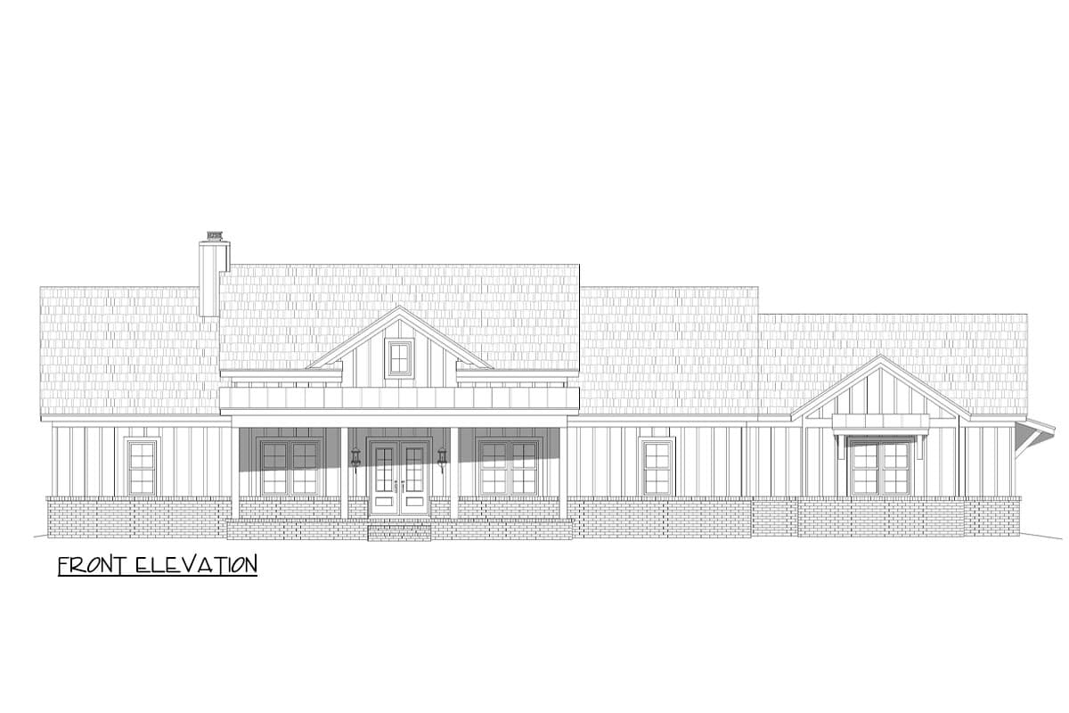 Front elevation drawing of a house plan featuring a covered porch, gables, and brick foundation.