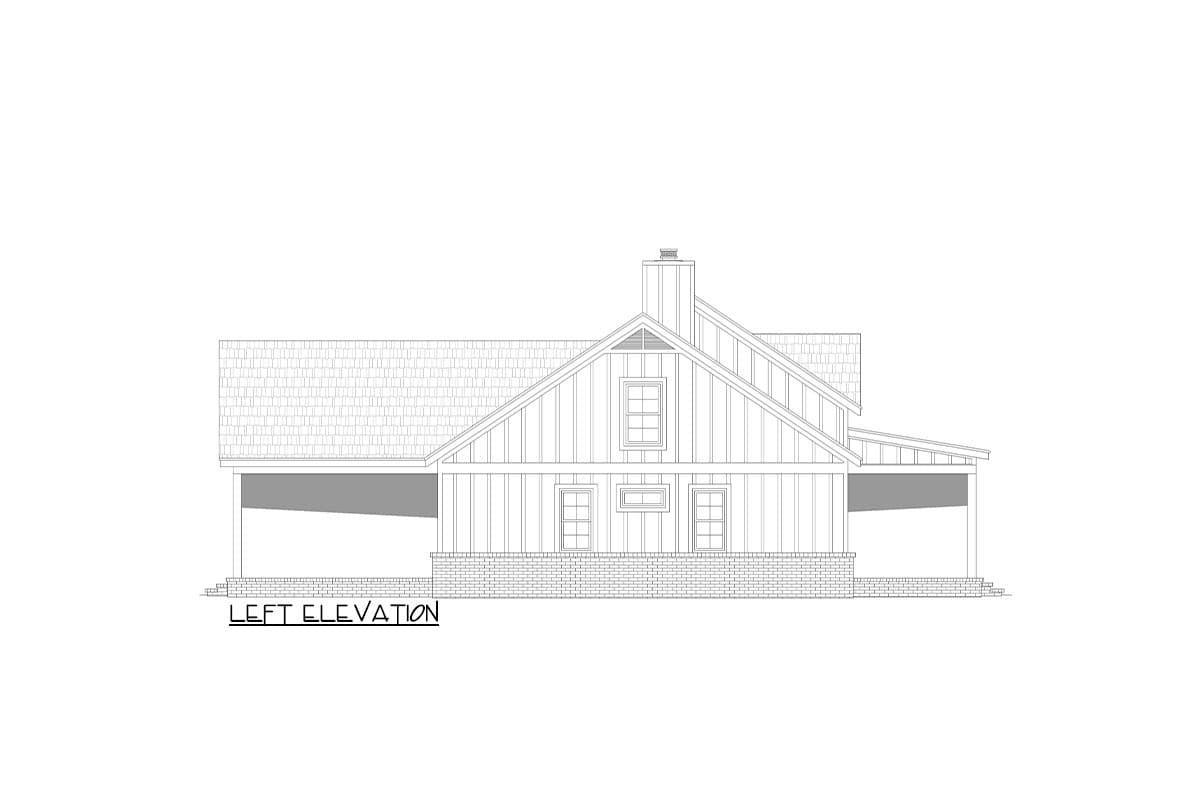 Left elevation drawing of a house plan featuring a large gable, shed roof dormer, two porches, and a brick foundation.