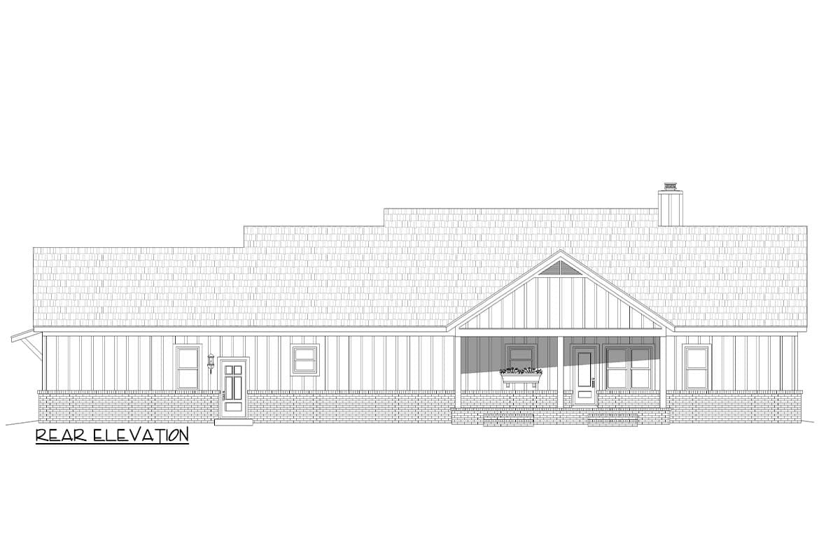 Rear elevation drawing of a single-story house plan with a hip roof, gable, porch, and brick base.