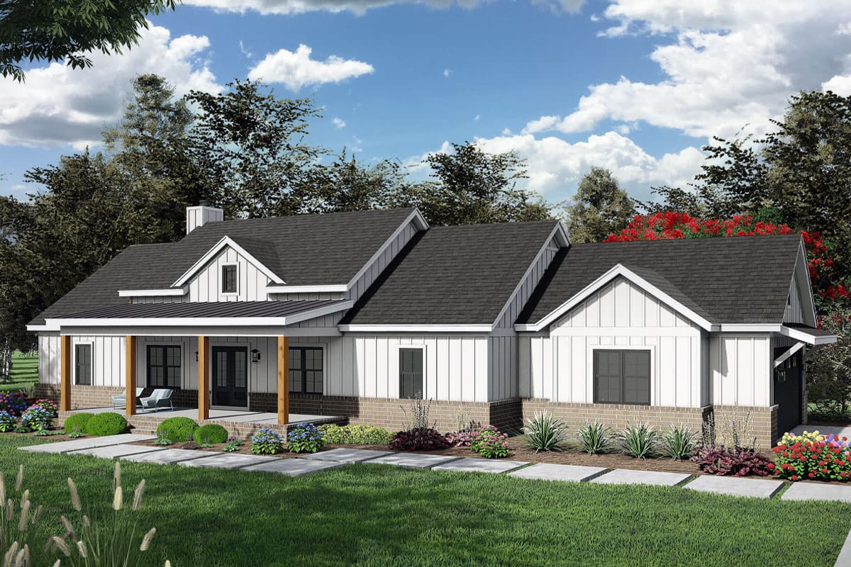 House plan exterior. Modern Farmhouse style with a single story, a covered porch, multiple gables, and a detached garage.