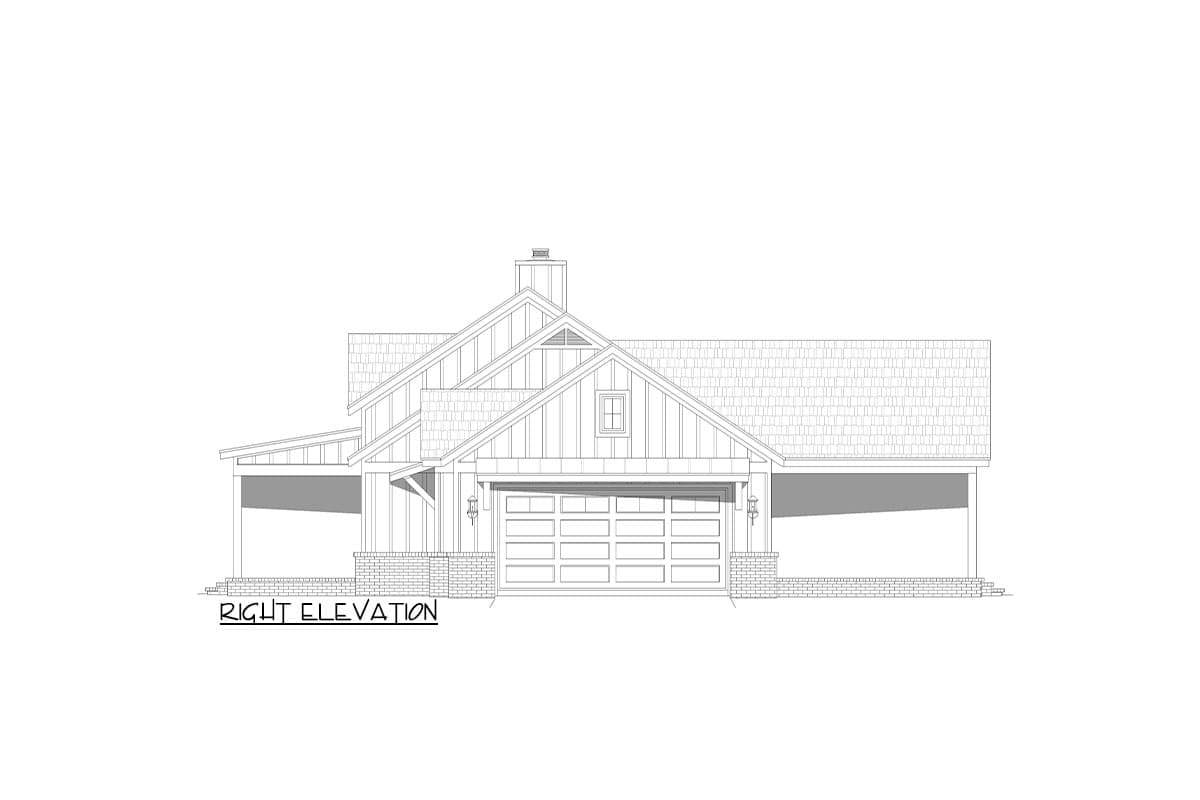 Right elevation house plan featuring a prominent gable, large garage door, covered porch, and shingled roof.
