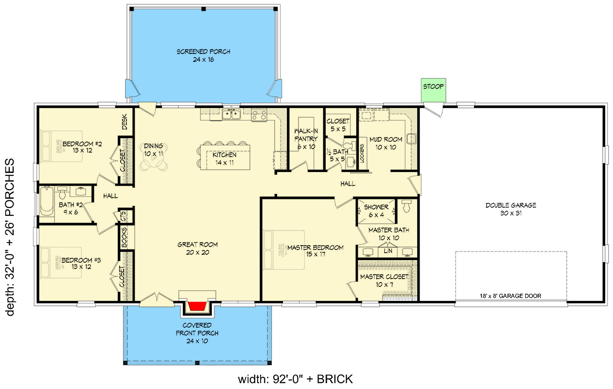 Plan 680494VR: 3-Bed Country Ranch House Plan with Rear Screened Porch - 2060 Sq Ft - Floor Plan - Main Level - Country, Ranch