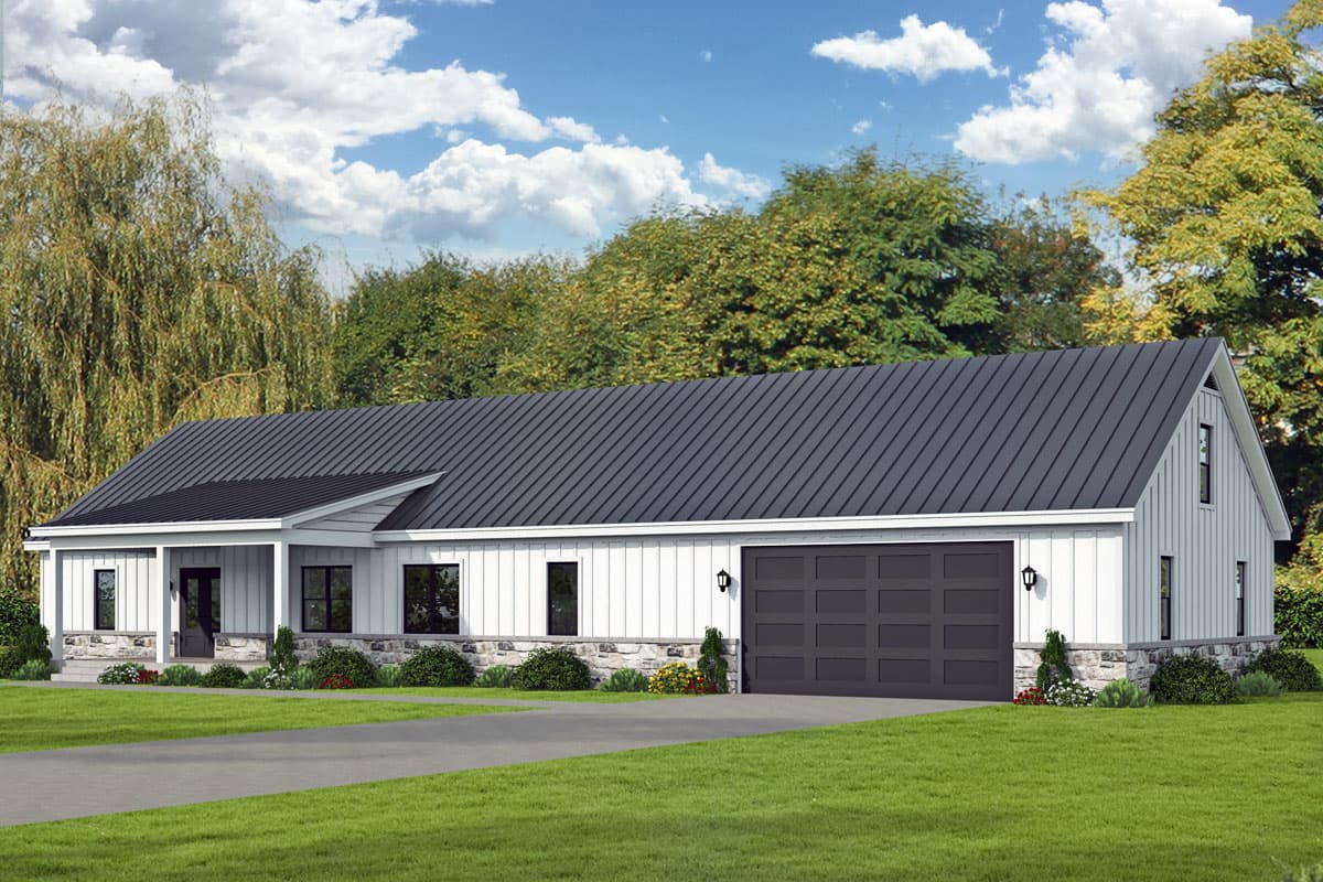 House plan exterior. Modern Farmhouse style with a single story, a metal roof, front porch, and an attached garage.