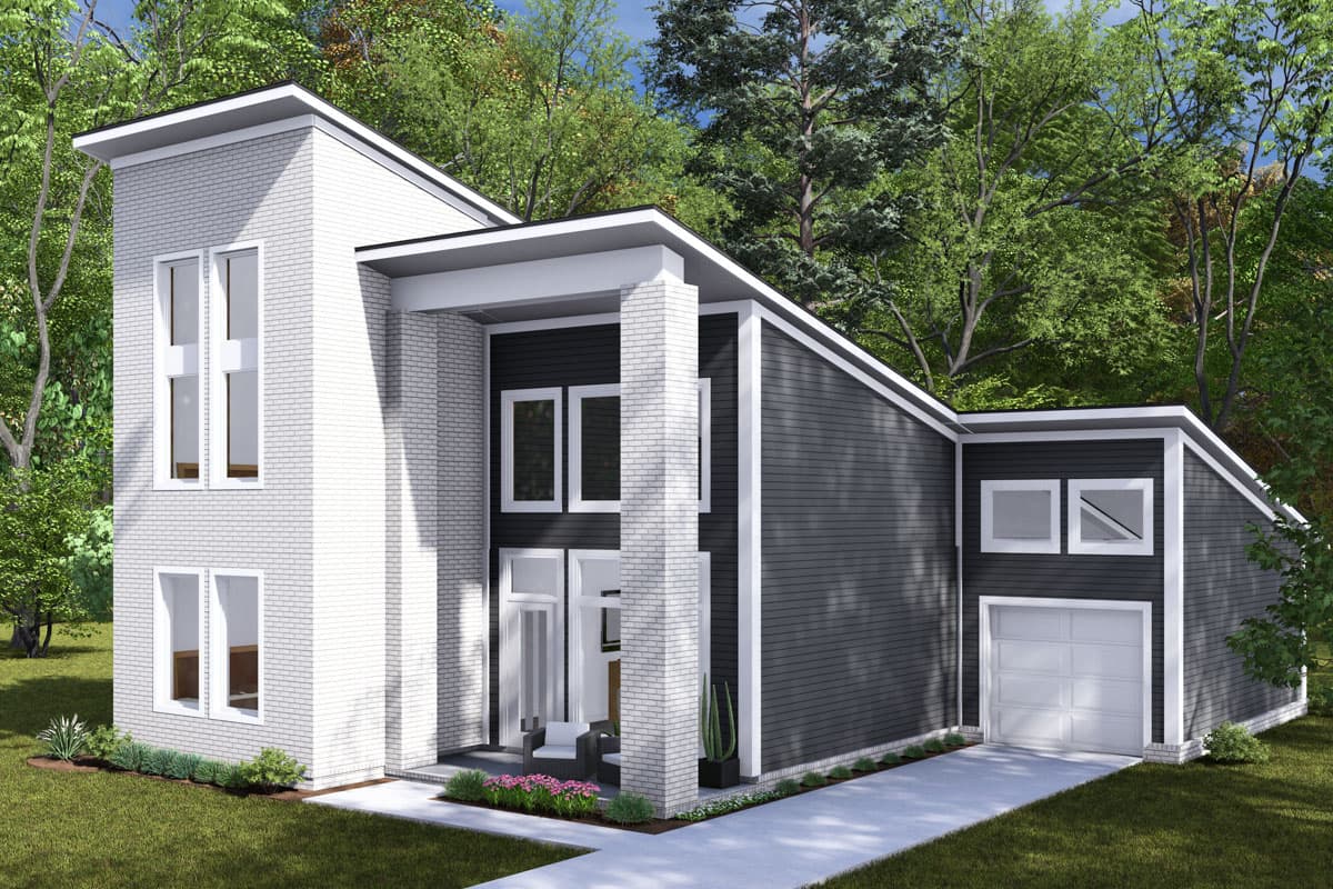 Modern house plan exterior with vertical white brick tower, dark siding, flat rooflines, and attached garage.