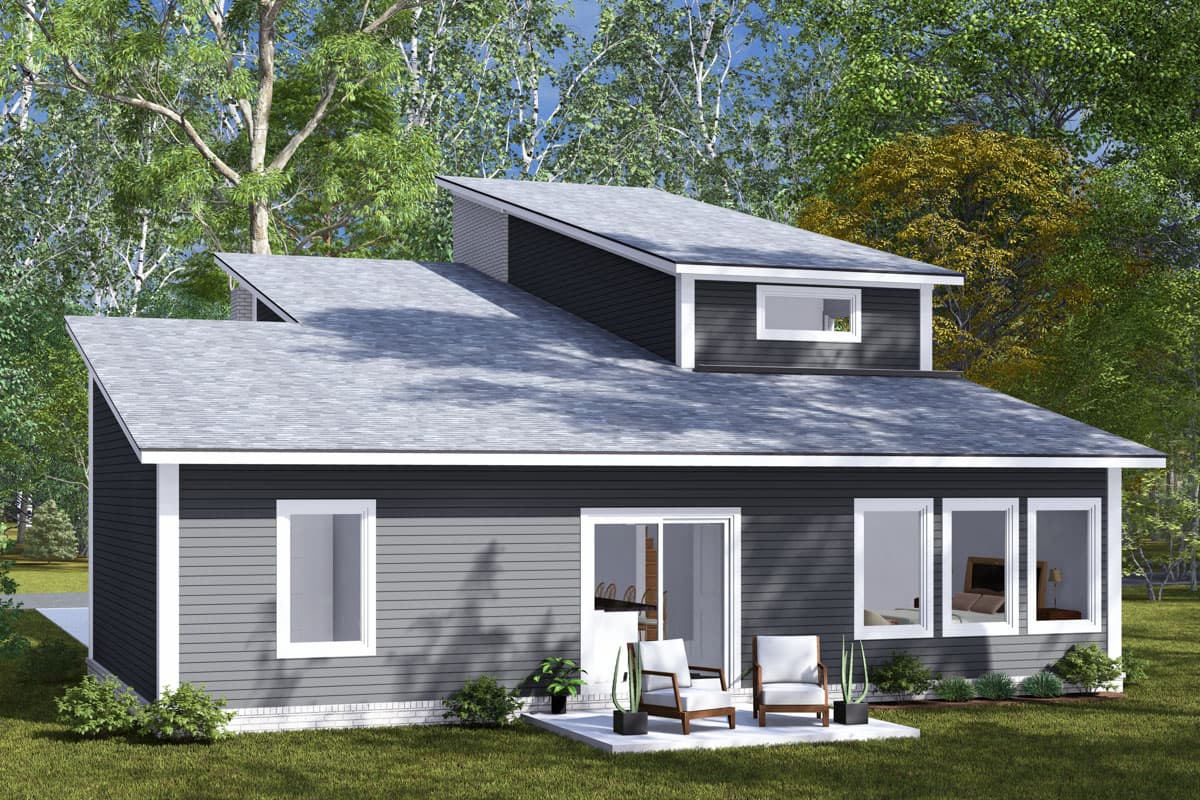 Modern house plan exterior with asymmetric rooflines, a dormer, and large windows.