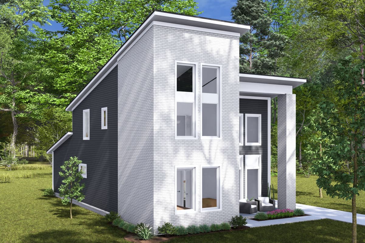Modern two-story house plan exterior with contrasting dark siding and white brick, featuring a sloped roofline and tall windows.