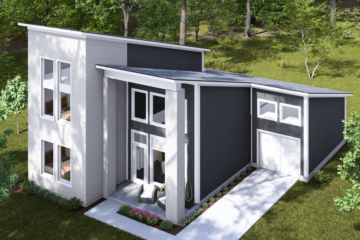 Modern house plan exterior with white brick, dark siding, flat roof, two stories, and attached garage.