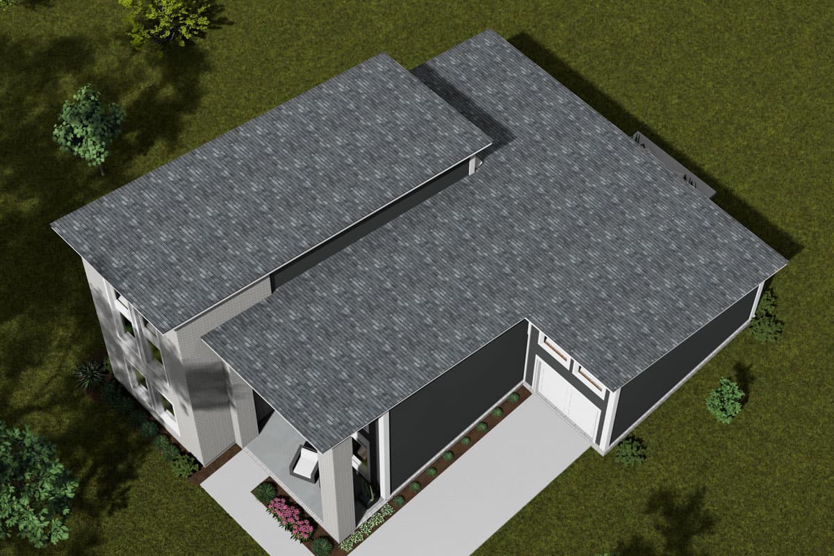 House plan exterior: L-shaped, two-story home with a side-entry garage, brick accents, and a covered porch.