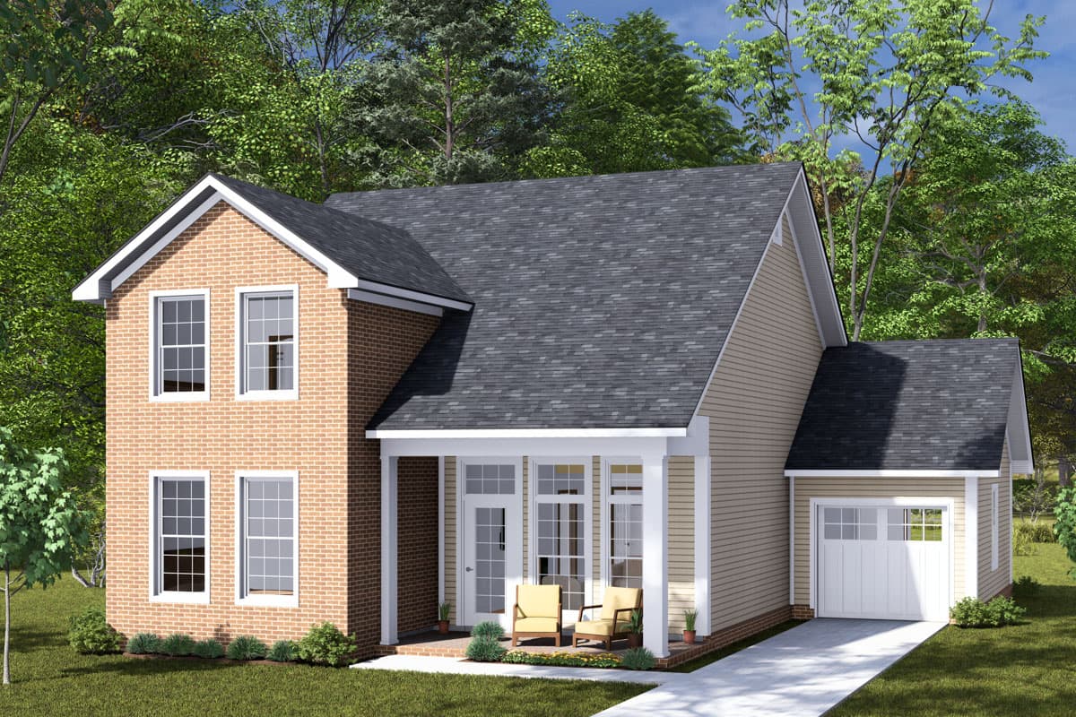 House plan exterior with two stories. Features include a gable roof, covered porch, brick facade, and attached garage with a front-facing garage door.