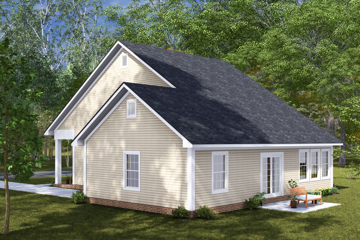 Exterior view of a one-story house plan with a prominent gable, visible vents, and a covered porch.
