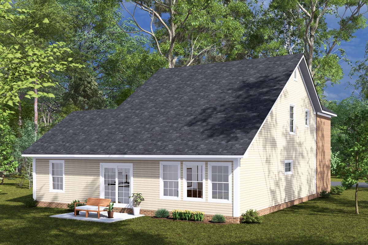 House plan exterior, two-story design with a gable roof, clapboard siding, brick foundation, and multiple windows.