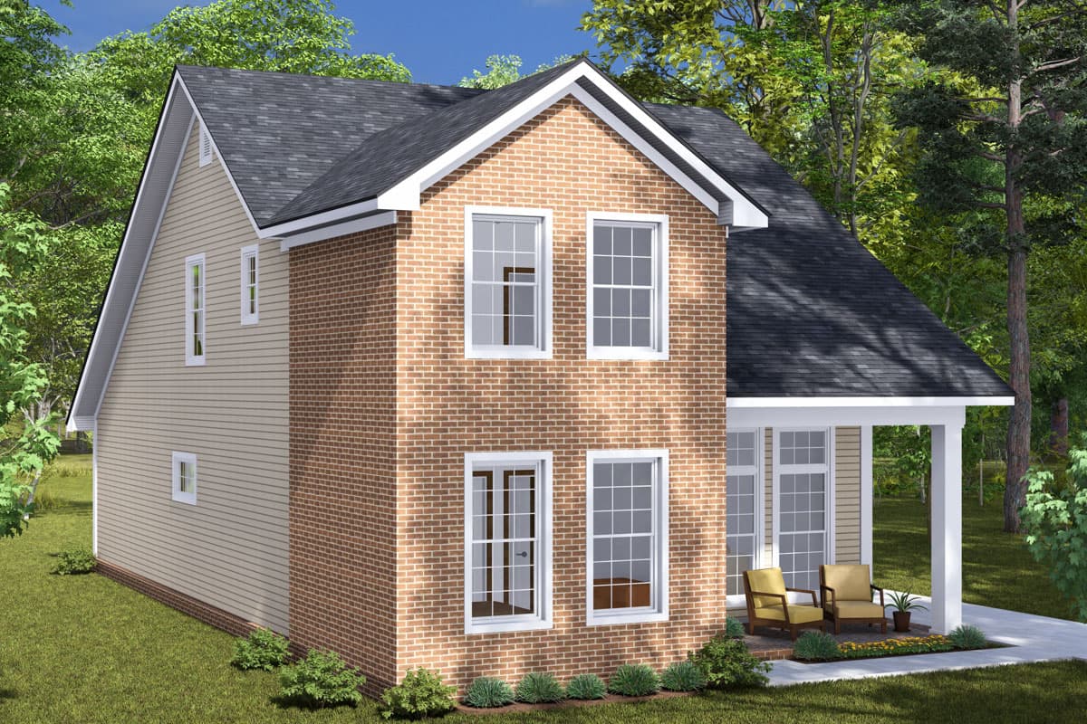 House plan exterior: Two-story, brick and vinyl siding, with a gable roof, front porch, and multiple windows.
