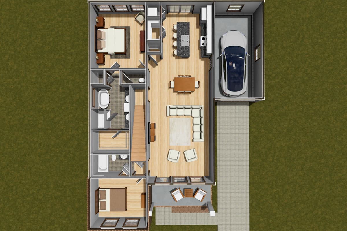 Floor plan with two bedrooms, two bathrooms, open concept living, dining, kitchen with island, and one-car garage.