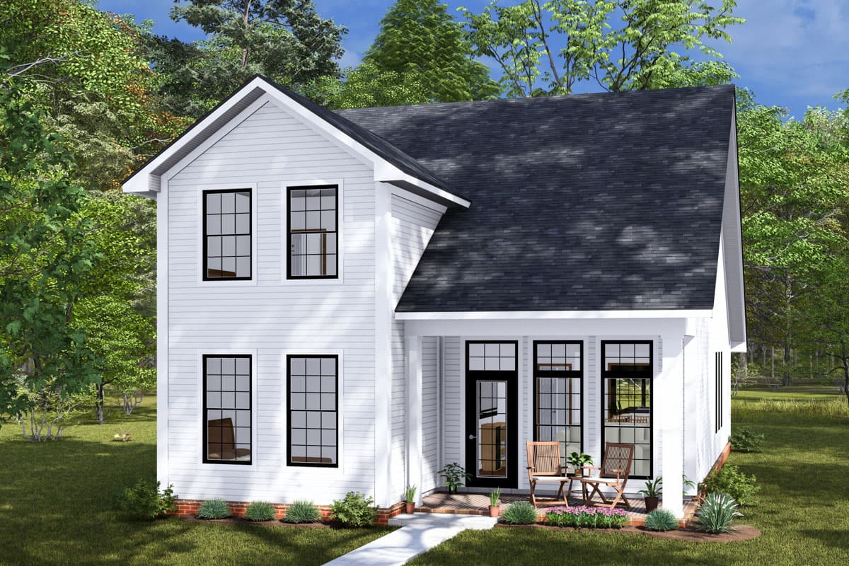 Modern Farmhouse house plan exterior, two stories, white siding, covered front porch with large windows and a black door.
