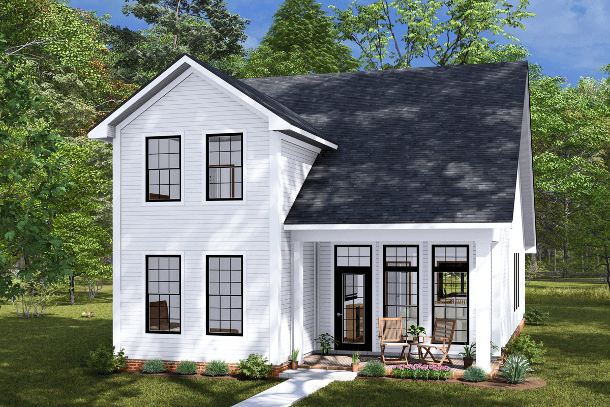 House plan exterior. Two-story farmhouse with a front porch, gabled roof, and multiple windows. Features white siding and dark roof shingles.